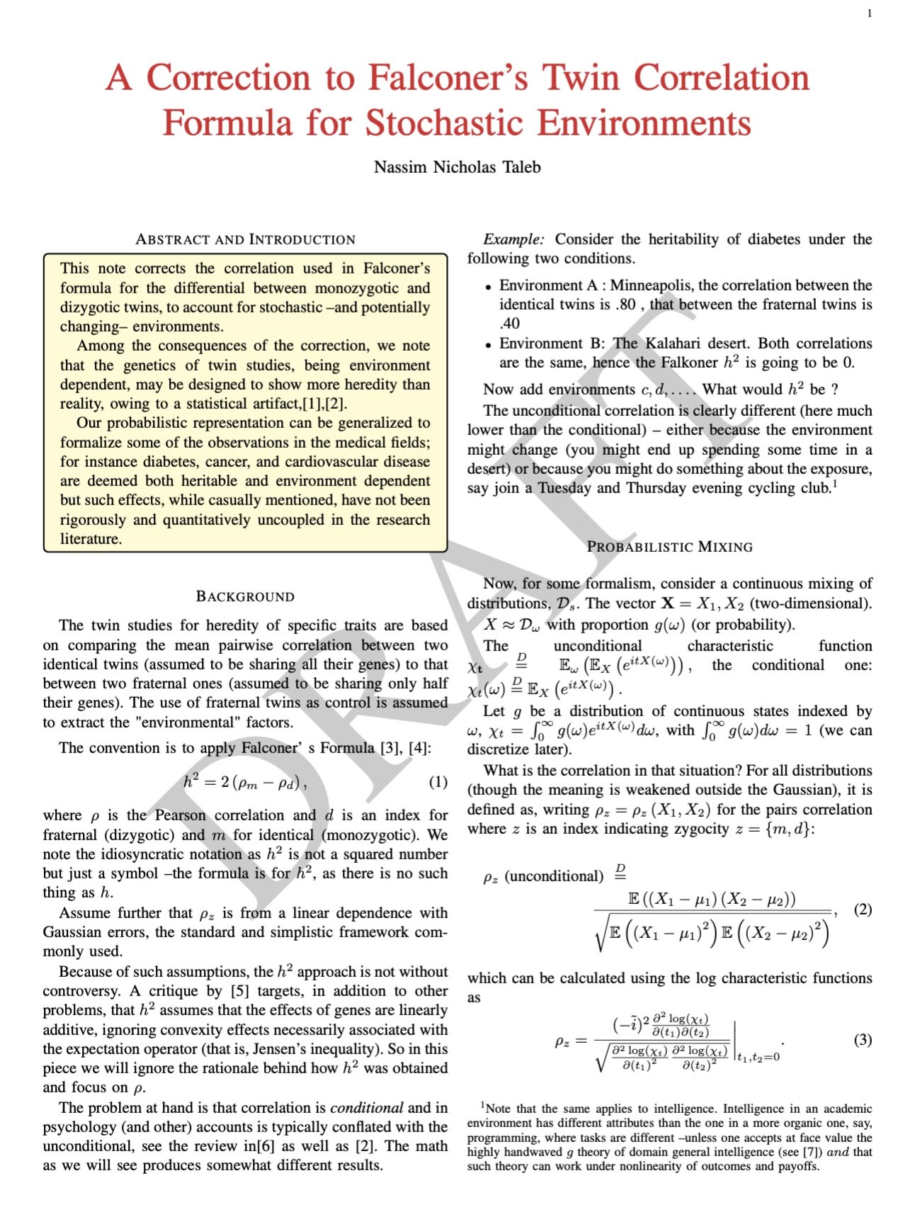 Correction to Falconer’s Twin Correlation Formula for Stochastic Environments